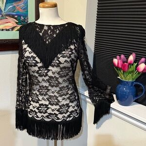 Transparent Black Lace Disco Tunic w/Fringe from NYC c1965 - Sz XS - S